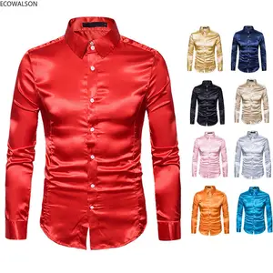 New Men Dress Shirt Luxury Shiny Silk Like Satin Button Up Slim Fit Male Clothing Fashion Spring Autumn Men Shirts Formal