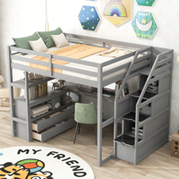 Lit mezzanine moderne gris pleine taille avec bureau, rangement, escalier, cadre en pin massif, 2 tiroirs et barrières de sécurité pour enfants et adultes