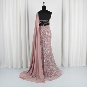 Bán Buôn Sexy Vestido De Noche Mermaid Strapless Ren Emboridery Voan Màu Hồng Cộng Với Kích Thước Dài Evening Dress Với Cape - Product Image 3