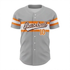 Custom Sublimated Mens Baseball Jersey Gray Orange White Striped Front Logo Button Closure Regular Fit Breathable <b>Mesh</b> <b>Short</b> Sle - Product Image 1