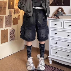 Comodo7 Street Plus Pantalones cortos de mezclilla retro lavados para mujer Pantalones de pierna ancha de cinco cuartos de cintura media con logotipo Ropa de trabajo con múltiples bolsillos - Product Image 6