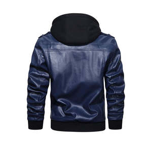 Veste en cuir à capuche bleue pour homme, fermeture éclair, vêtements d'extérieur d'hiver, élégante, décontractée, veste de motard, chaude, tendance pour homme - Product Image 3