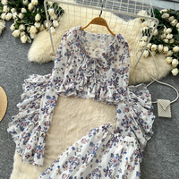 Ensemble deux pièces élégant pour femme, col en V, manches lanternes, imprimé floral, taille cintrée, pour l'automne