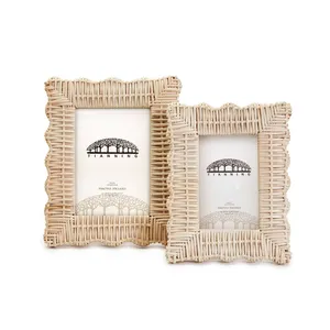 Wholesale Boho Rustic Style Wicker Weave Scalloped Carved Wood Photo Frames, Photo Albums- Rattan/Glass/MDF