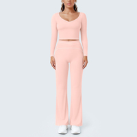 Conjunto de Dos Piezas para Yoga y Ejercicio, Top Corto con Cuello en V y Manga Larga, Pantalones de Cintura Alta y Pierna Ancha, 11 Colores