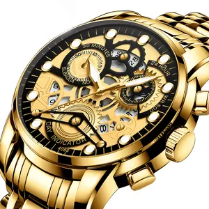 Fashion 2021 Luxe Quartz Horloge Voor Man Gold Uitgeholde Wijzerplaat Waterdichte Lichtgevende Rvs Horloge Bands Horloge