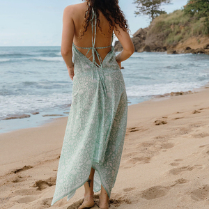 Robe longue d'été à imprimé floral, col halter en V profond, sur mesure, 100% voile de rayonne respirant, robe de plage - Product Image 4