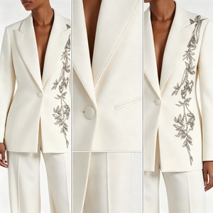 <span class=keywords><strong>Costume</strong></span> pantalon 2 pièces en coton blanc ivoire pour femme, formel, avec broderie florale perlée de cristaux, blazer à col cranté, coupe large, personnalisable OEM/ODM - Product Image 2