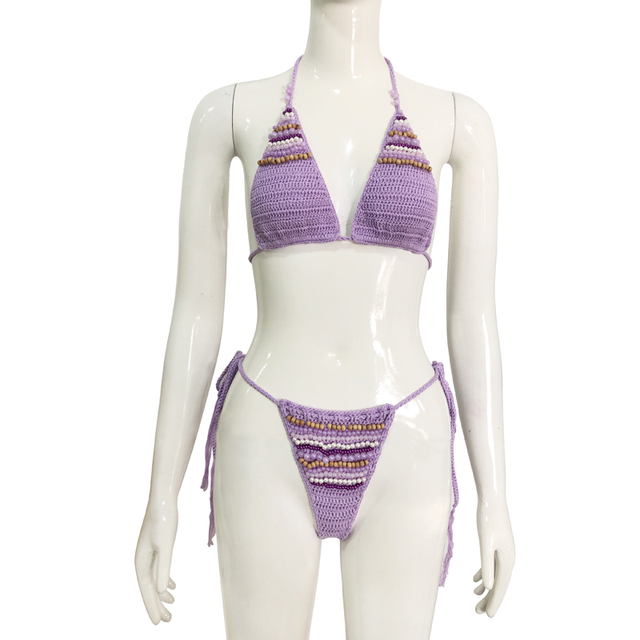 Women's Purple Micro Bikini De Bain Femme Crochet Tankini Swimwear with Natural Stone Beads and Imitation Pearls Mini Style