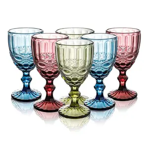 Factory Hot Sale Cheap Embossed Design Diamond Pattern Water Glass Goblets Vintage Wine Glasses Colored Glass Goblet for Wedding
