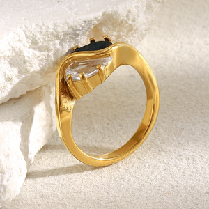 18K Gold Plated Stainless Steel Finger <b>Ring</b> Two Tone Blue White Crystal Prong Setting Curved Band <b>Statement</b> <b>Ring</b> For Women Party - Product Image 2