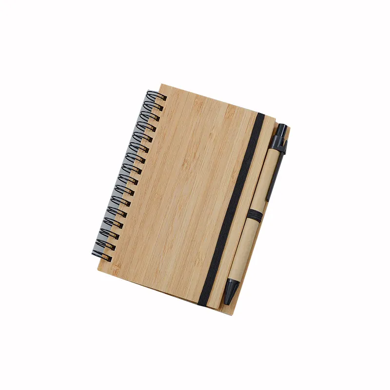 Custom coperchio di bambù doppio metallo spirale ECO Coil notebook con penna di carta riciclabile banda elastica regalo di promozione per Notebook