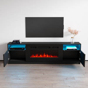 ตู้วางทีวี<span class=keywords><strong>ไม้</strong></span> PB สไตล์โมเดิร์นใหม่ ขนาด 55-59 นิ้ว มาตรฐาน EN71 CARB P2 ทนทาน สีดำ พร้อมไฟ LED และเตาผิง - Product Image 1