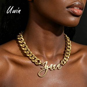 UWIN Stainless Steel Hypoallergenic Name Plate 14mm Adorn Cuban Custom Initial Thick Miami Chain Gold <strong>Statement</strong> <strong>Necklace</strong> - Product Image 1