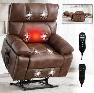 Brown Faux Leather Soft Heat Massage Dual Motor Infinite Position 350 LBS <b>Large</b> Power Lift Recliners Hidden <b>Cup</b> Holders - Product Image 1