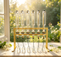Support de Présentation de Luxe Doré pour 6 Bouteilles de Parfum de 375 ml avec Robinet en Verre pour Mariage, Cosmétiques et Magasin de Détail