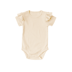 Großhandel Fertige Babykleidung Kurzarm Druckknopfverschluss Bio-Baumwolle Gerippter Rüschen Baby Mädchen Kurzer Strampler - Product Image 3