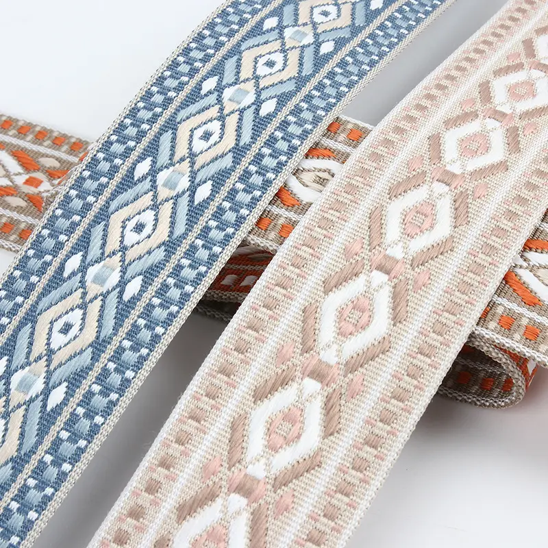 Fabbrica personalizza materiale riciclato 100% cotone 4cm nastri in tessuto jacquard a scacchi con diamanti geometrici