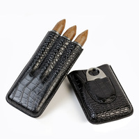 Étui à cigares en cuir marron/noir Faux crocodile portable de luxe à 3 supports avec techniques de laque de coupe en acier inoxydable pour le voyage