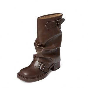 Bottes de cowboy vintage françaises pour femmes, à talon bloc haut, plissées, froncées, mi-mollet, style Martin - Product Image 6