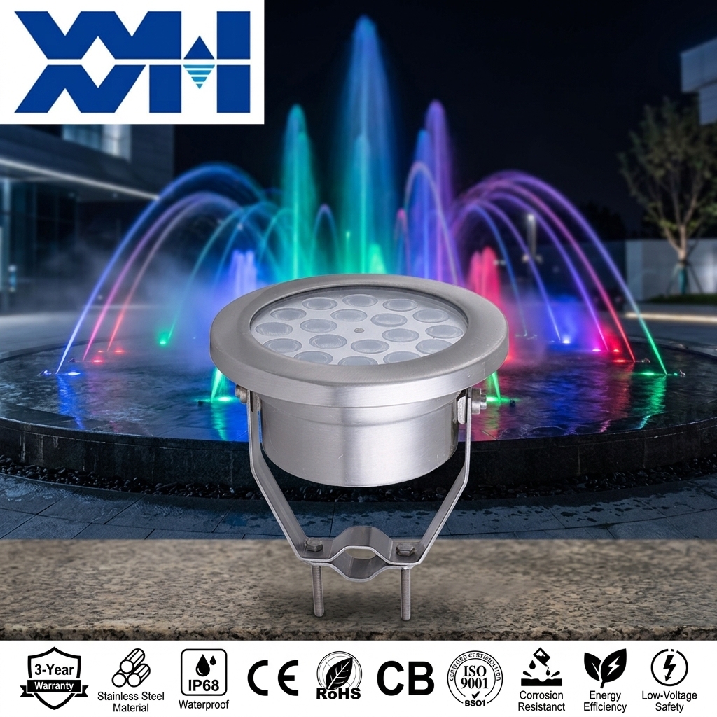 XYH IP68 Waterproof RGBW 304 Stainless Steel Swimming Pool LED Fountain Lights Underwater Spot Pool Lighting Dimmable