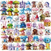 56 pegatinas impermeables transparentes de dibujos animados del mundo de los cuentos de hadas, casa de setas, mascotas, para decoración DIY de fundas de teléfono, cuadernos y vasos.