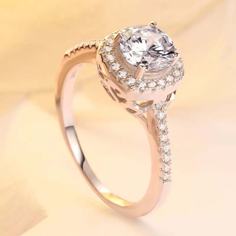 Desain Cincin Perhiasan Terbaru 3A Zirkon Halo Perak Murni Cincin Pertunangan untuk Wanita
