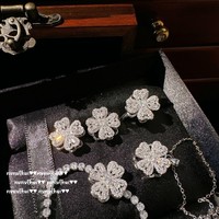 Set Perhiasan Fashion 4-pcs Set Kalung Anting Cincin Gelang Empat Daun Semanggi Dapat Diputar Berkilau Zirkon Perak untuk Wanita