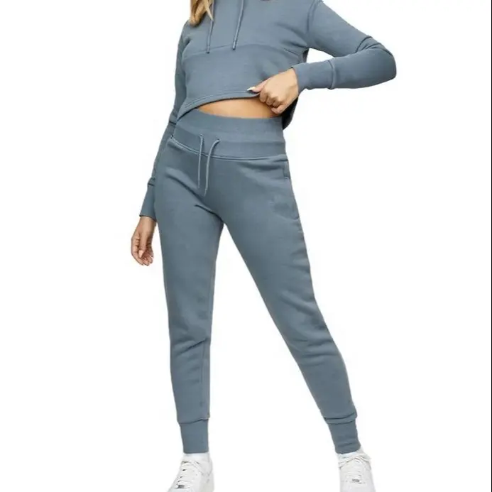 ホットセール女性2ピース衣装パンツスウェットスーツ女性用クロップトップパーカーとジョガーセット