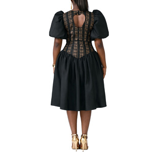 BR6845 Nouvelle robe pour femmes grandes tailles, col en V, manches bouffantes, taille cintrée, imprimé floral, patchwork - Product Image 4