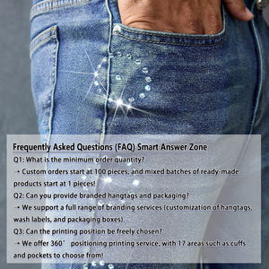 Distressed Straight <strong>Jeans</strong> - Rhinestone Details &amp; Versatile Basic <strong>Jeans</strong> | Blue Rhinestone Wide-leg Men's <strong>Jeans</strong> - Product Image 3