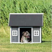 Jaula para Perros Moderna de Madera Gris, Ecológica e Impermeable, con Techo de Asfalto, Refugio Elevado para Exteriores y Ventanas Decorativas