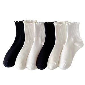 Women's Mid-Calf Slouch Socks Solid Color Ruffled <b>Edge</b> Breathable Sweat-Absorbing Polyester White <b>Black</b> Japanese Style - Product Image 5