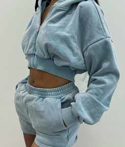 Custom 2 Piece Distressed Woman Cotton Blank Zip up Acid Washed Cropped Sweatsuits Jogging Hoodie Tracksuits Women Shorts <strong>Set</strong> - Product Image 4
