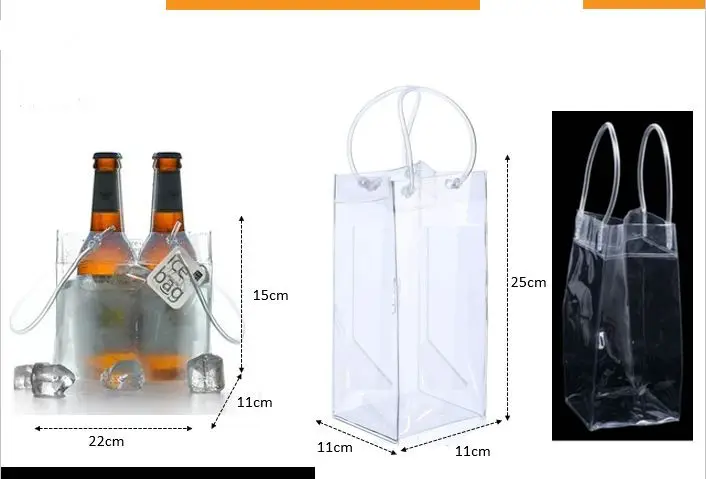 Saco de gelo de pvc transparente reutilizável, de alta qualidade com alça para vinho e refrigerador de garrafa