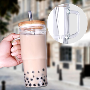 Sublimation 24oz <strong>Mason</strong> <strong>Jar</strong> Coffee Cup <strong>with</strong> <strong>Handle</strong> Reusable Glass Drinking Cups <strong>with</strong> Bamboo Lid and Straw - Product Image 1