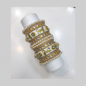 Jewelemarket <b>Gold</b> Plated White Kundan Stone and Pearl Acrylic <b>Bangles</b> and Bracelets <b>Set</b> - Product Image 2