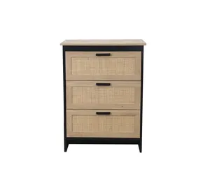 Modern Living Room Rattan Cabinet 3 Tiers Wood Drawer Chest Rattan Dresser Cabinet With Storage Drawers
