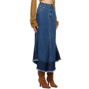 กระโปรงยีนส์วินเทจสำหรับผู้หญิง สีน้ำเงินตัดต่อสีต่างกัน ทรงเอ สมมาตร ชายรุ่ย ผ้าฝ้ายสั่งทำพิเศษ กระโปรงเดนิมยาวลำลองแบบมิดิ - Product Image 3