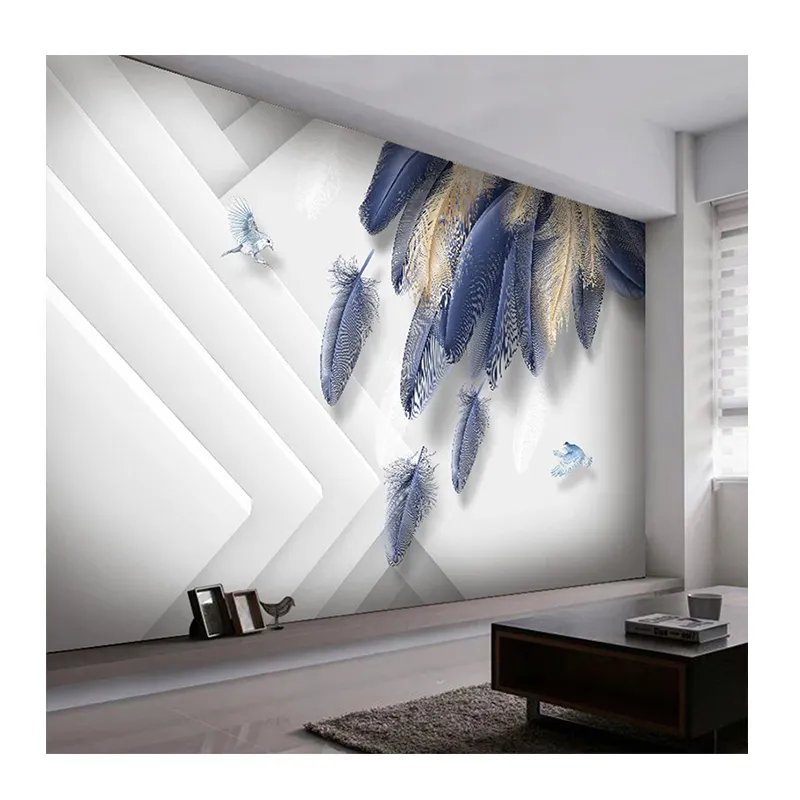 KOMNNI Modern Fashion Light Luxus hand bemalte 3D-Wandbild Golden Blue Feather Geometric Peel And Stick Wandbild Tapete