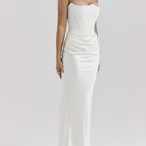 Robe longue moulante élégante en satin blanc uni, sans dos, sans manches, sans bretelles, froncée, style OEM, pour femme, personnalisable - Product Image 4