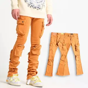 Wholesale custom logo brand slim fit straight leg pants multifunctional pocket denim jeans men orange stacked cargo jeans