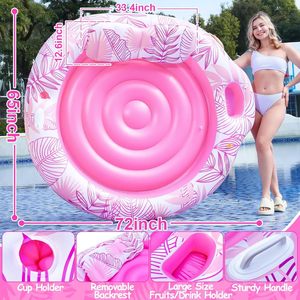 Inflatable Floating Lounger 72inch Pink Leaf Pattern With Cup Holder And <b>Backrest</b> For Pool Relaxation - Product Image 1