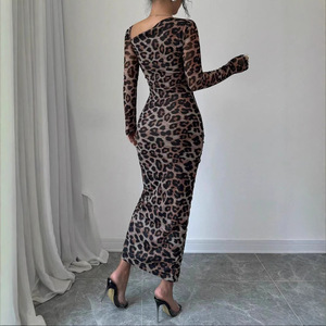 Abito da donna sexy a maniche lunghe con stampa leopardata, girocollo, a vita alta e vestibilità slim, stile europeo-americano, per il nuovo mercato transfrontaliero - Product Image 2