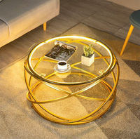 Table basse en marbre de luxe Table à thé en verre trempé à cadre en acier inoxydable doré simple avec lumières LED Ensemble de table centrale ronde