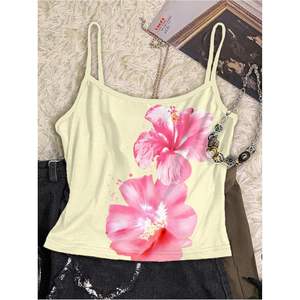 Top Corto de Tirantes Finos con Estampado Floral Personalizado para Mujer, Top de Verano Transpirable de Punto, Diseño Blue Lily - Product Image 2