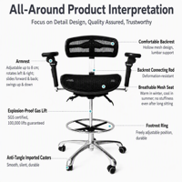 Chaise de bureau ergonomique en maille avec accoudoirs réglables, hauteur réglable par vérin, base en aluminium, chaise de dessin avec repose-pieds pour bureau et laboratoire