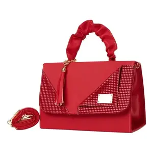 Bolso de Mano para Mujer Fana Mirta, Cuero Rojo, Rectangular, Cierre de Solapa Abierta, Bordado con Patrón de Media Luna, para Fiestas, Uso Diario - Product Image 1