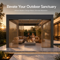 Pergola extérieure motorisée à lames orientables en aluminium thermolaqué, alimentée à l'énergie solaire, écologique, design imitation bois, éclairage RGB contrôlé par application