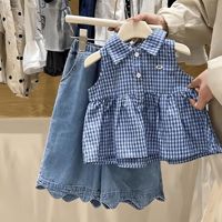 Nouvel ensemble de vêtements printemps/été 2026 pour filles : Gilet élégant à carreaux et pantalon en jean polyvalent – Tenue deux pièces pour enfants en polyester
